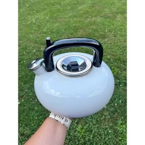 Vtg White Enamel Tea Kettle Stovetop Teapot with Whistle Modern Kitchen‎ As Is